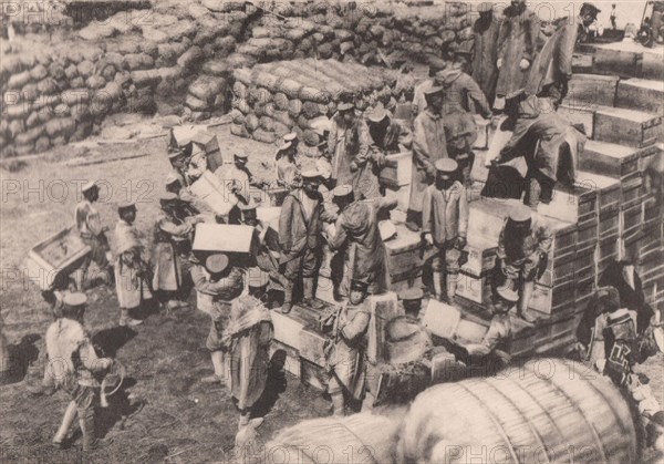 Japan Earthquake 1923: Stocks of foodstuffs landed at Shibaura (Tokyo)
