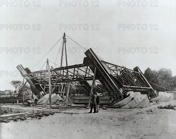 The 19th century vintage photo of construction work of the Eiffel Tower. 1887. Paris, France.