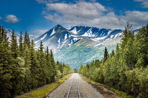 Railroad to Denali National Park, Alaska with impressive mountains