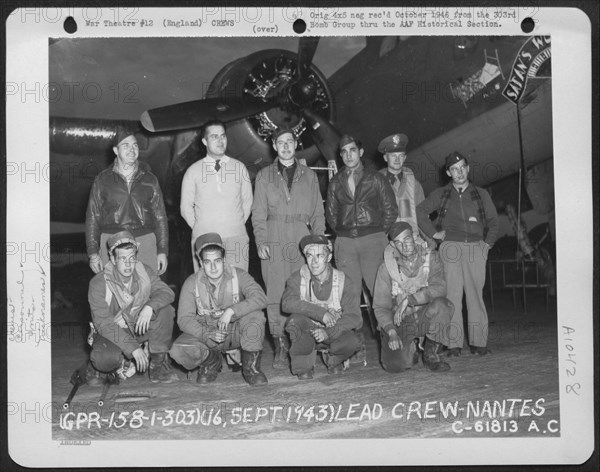 Brigadier General Robert Travis With Lead Crew On A Bombing Mission To Nantes, France, Pose In Front Of The Boeing B-17 "Flying Fortress". 303Rd Bomb Group, England. 16 September 1943.