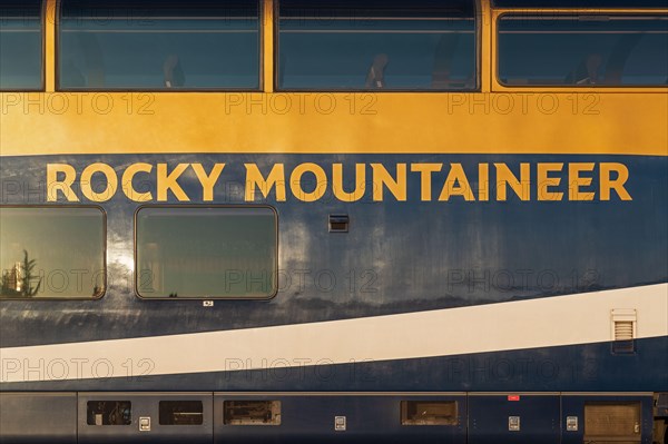 Gold leaf train wagon of the Rocky Mountaineer train ride between Vancouver and Jasper national park, Canada.