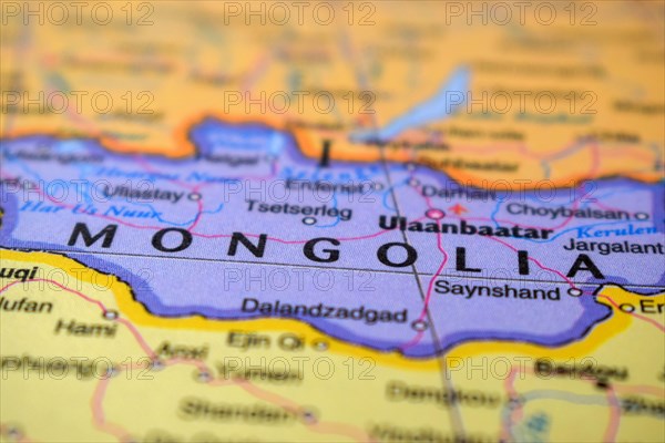 Mongolia Travel Concept Country Name On The Political World Map Very Macro Close-Up View Stock Photograph