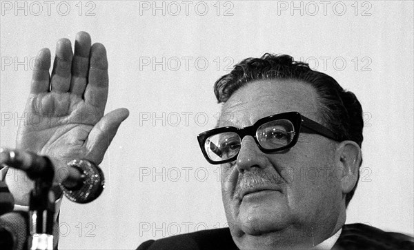 Salvador Allende, Chilean politician and president of Chile, during a press conference at the Chilean Embassy in Buenos Aires, Argentina. He attended the Héctor J. Cámpora inauguration as President of Argentina on May 1973. A few months later, on September 1973, he would commit suicide in his office during General Augusto Pinochet Ugarte´s takeover.