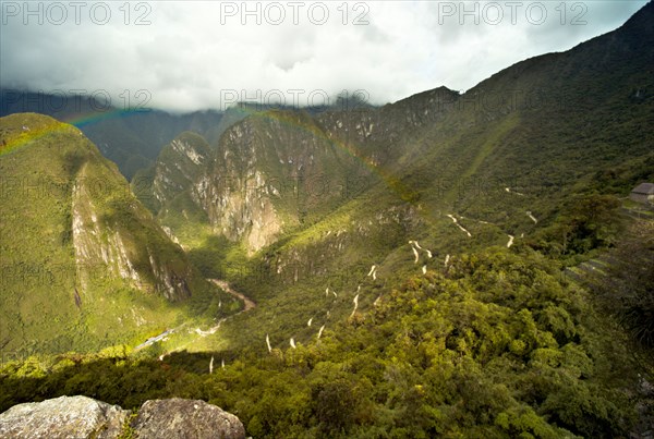 PERU MACHU PICCHU View of the switchback filled road called the Hiram Bingham Highway that carries tourist buses to Machu Picchu