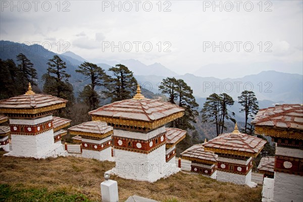 108 Chorten at the Dochu la Pass from Thimphu to Punakha. Bhutan Asia. Horizontal view. 91492_Bhutan-Dochula