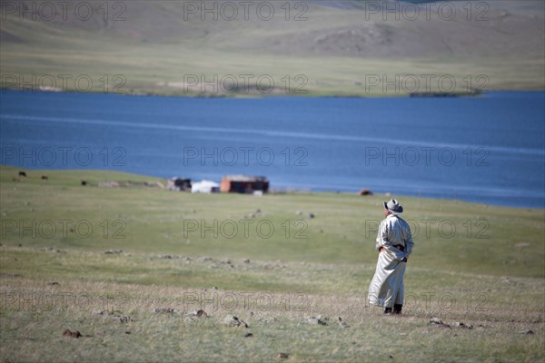 Mongolia landscape with one man, Tsagaannuur, Khövsgöl, Mongolia
