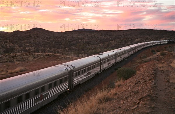 May 08, 2008 - Alice Springs, Northern Territory, Australia - The Ghan is a passenger train operating between Adelaide, Alice Springs, and Darwin on the Adelaide-Darwin railway in Australia. Operated by Great Southern Railway and with locomotives provided by Pacific National, the journey takes 48 ho