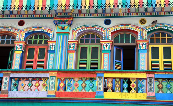 Old character heritage facades of colonial buildings in Little India, Singapore