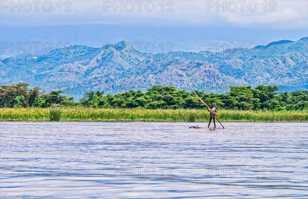 Arba Minch Lake Chamo Ethiopia Africa hippopotamus, in Crocodile Market in water dangerous with native on small flat boat