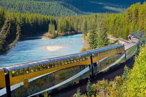 Rocky Mountaineer train at Morant's curve near Lake Louise in the Canadian Rockies Banff national Park Alberta Canada