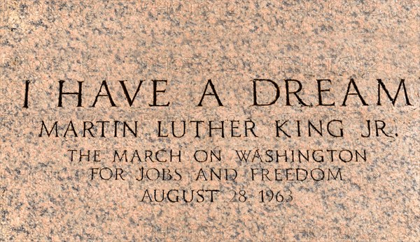 USA, Washington DC, National Mall  Lincoln Memorial  Martin Luther King march engraving in front of the peristyle commemorating his I have a dream speech during the March on Washington for Jobs and Freedom on August 28th 1963.