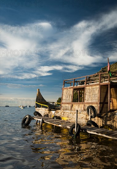 Traditional Reed boat moored on Lake Titicaca, Copacabana, Lake Titicaca, Bolivia