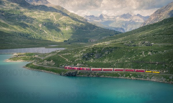 Glacier Express train on the Bernina Pass, Canton Graubunden, Switzerland