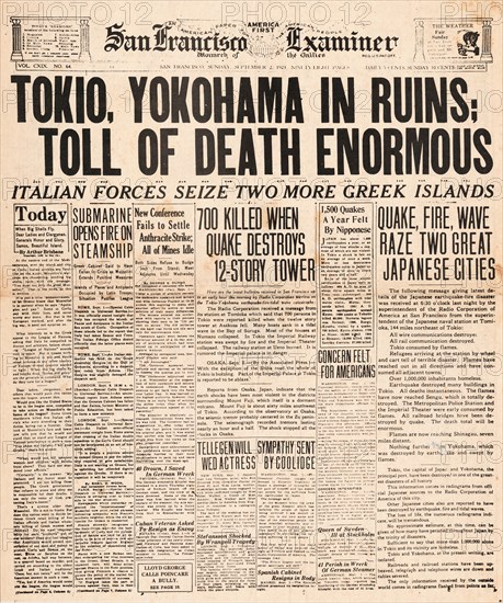 1923 San Francisco Examiner front page Japan hit by massive earthquake