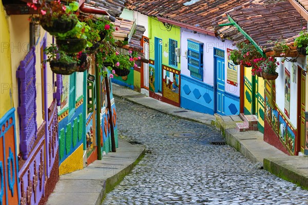 Guatape colorful building and cobblestone street