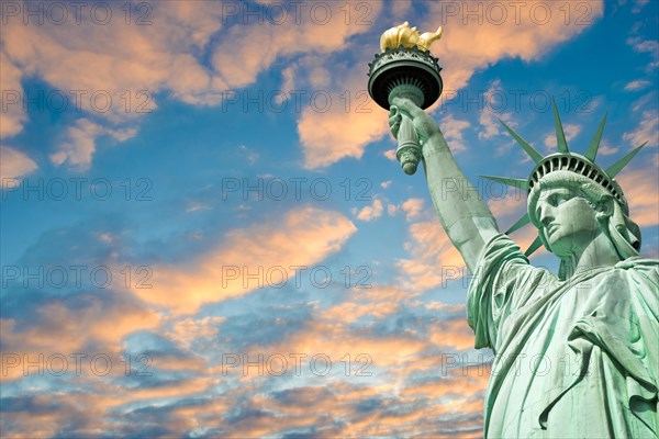 Statue of Liberty, beautiful sky background with copy space, New York, USA