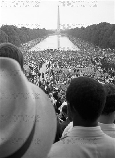 Civil rights March on Washington for Jobs and Freedom, August 28, 1963, with Washington Monument and Reflecting Pool in background. Dr. Martin Luther King, Jr. delivered his famous "I Have a Dream" speech from the steps of the Lincoln Memorial to a crowd of over 250,000 civil rights supporters.