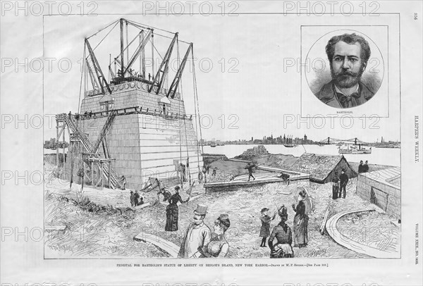FREDERIC AUGUSTE BARTHOLDI (1834-1904) French sculptor who designed the Statue of Liberty.  The Statue under construction on Liberty Island, New York with Bartholdi inset, from Harper's Weekly.