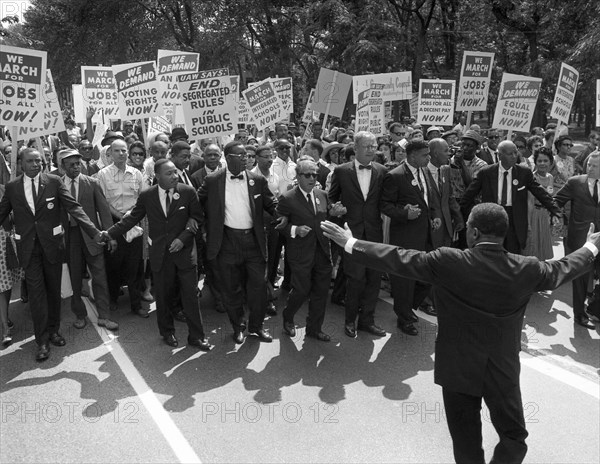 Martin Luther King, Jr. and other civil rights leaders at the head of the March on Washington for Jobs and Freedom on August 28,1963. The march ended at the Lincoln Memorial, where Dr. King delivered his "I Have a Dream" speech.