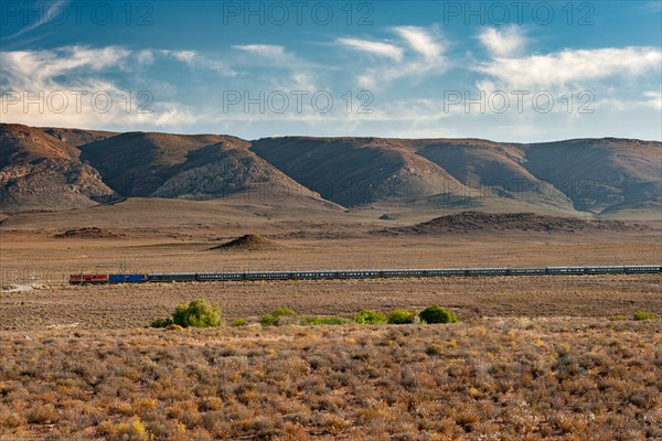 Rovos Rail train in the Karoo town of Matjiesfontein in South Africa.