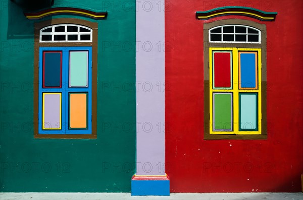 Colorful windows of House of Tan Teng Niah in Little India, Singapore. The building was built 1900, with Southern Chinese and European influences.