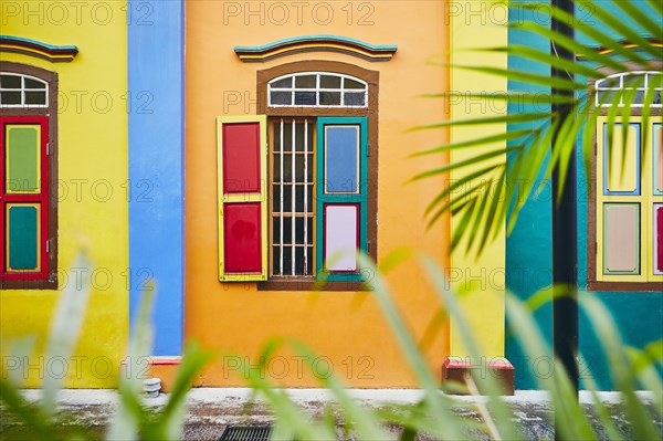 Colorful architectural detail of the historical building in the Little India district, Singapore