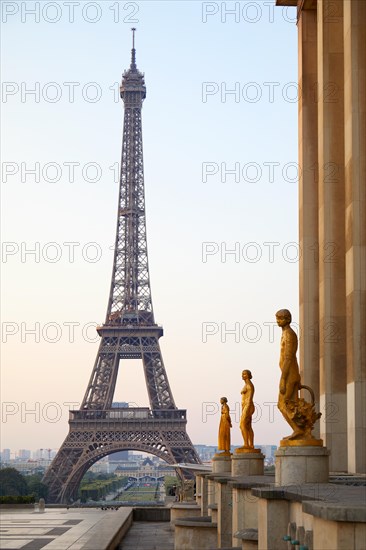 PARIS, FRANCE - JULY 7, 2018: Eiffel tower, nobody at Trocadero in a clear summer morning in Paris, France