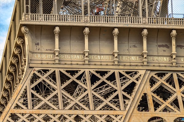 Close up of the detailed intricate Eiffel Tower wrought iron lattice work , The Eiffel Tower is the most visited paid monument in the world , Paris