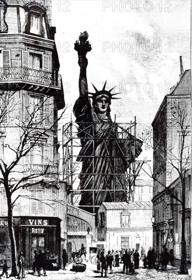 An engraving depicting the construction of the Statue Of Liberty France, designed by French sculptor Frederic Auguste Bartholdi and built by Gustave Eiffel. The statue was dedicated to America on October 28, 1886. Dated 19th century