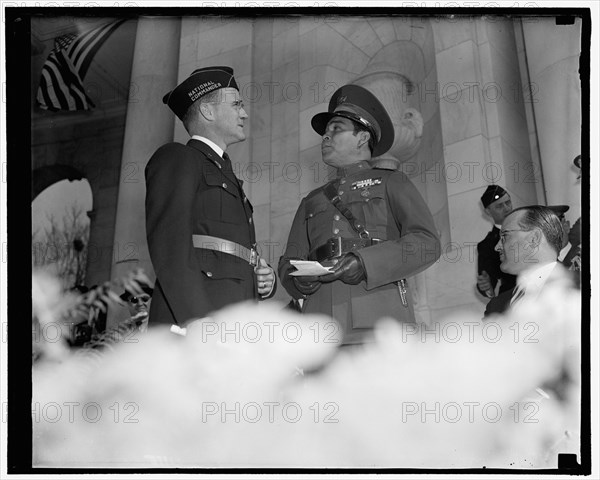 Greetings. Washington, D.C., Nov. 11. National Commander of the American Legion Stephen Chadwick, exchanges greetings with Cuba's Dictator Col. Fulgencio Batista at Armistice Day ceremonies at Arlington National Cemetery where the National paid homage to America's Unknown Soldier, 11/11/38 Abstract/medium: 1 negative : glass  4 x 5 in. or smaller