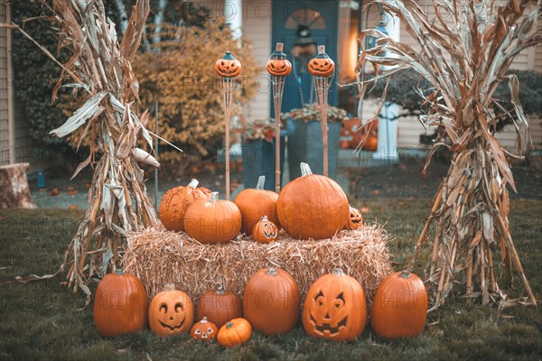 Halloween pumpkins and decorations outside a house, America village