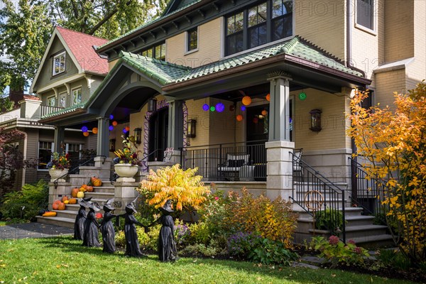 Halloween decoration in front of a family house, Ravenswood Manor District, the Albany Park community area of North Side, Chicago, Illinois, USA