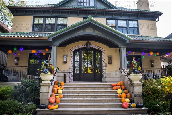 Halloween decoration in front of a family house, Ravenswood Manor District, the Albany Park community area of North Side, Chicago, Illinois, USA