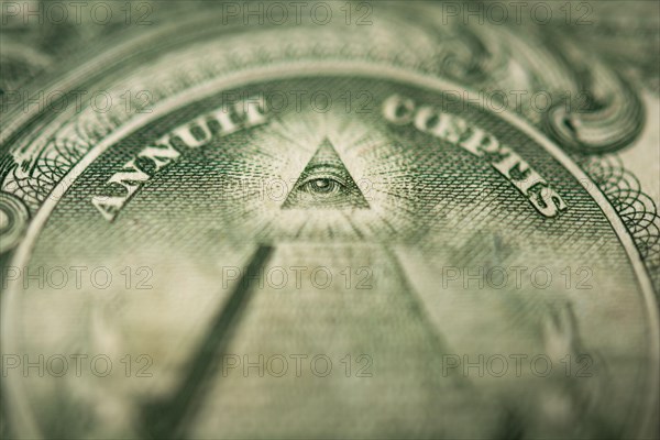 Eye of Providence or all-seeing eye sign, detail in the banknote of one dollar
