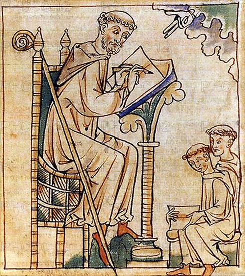 France: Coloured woodcut of St. Bernard of Clairvaux (1090 - 20 August 1153) writing a sermon, 12th century.

Bernard of Clairvaux, O.Cist was a French abbot and the primary builder of the reforming Cistercian order.

After the death of his mother, Bernard sought admission into the Cistercian order. Three years later, he was sent to found a new abbey at an isolated clearing in a glen known as the Val d'Absinthe, about 15 km southeast of Bar-sur-Aube. According to tradition, Bernard founded the monastery on 25 June 1115, naming it Claire Vallée, which evolved into Clairvaux.