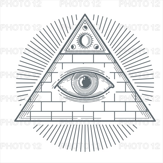 Mystical occult sign with freemasonry eye symbol vector illustration. Freemasonry mystic sign, pyramid with eye