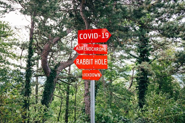 Covid-19, Adrenochrome, Rabbit Hole, Lockdown road warning red signs. Social media campaign for coronavirus plus fake news and total disorientation in