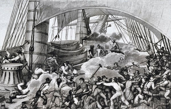 Boarding of Triton by the privateer Hasard (ex British pilot ship Cartier), captained by Robert Surcouf - Ambroise Louis Garneray