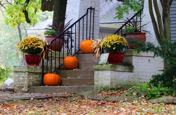 Main entrance stair and porch of the old house decorated for autumn holidays season. Halloween concept. Fall background.