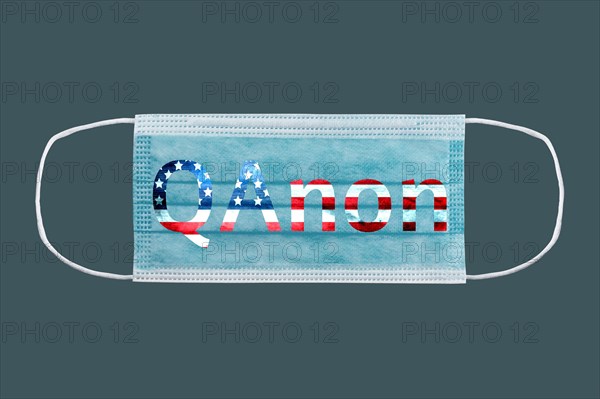 Qanon deep state conspiracy text on Medical surgical mask American flag.