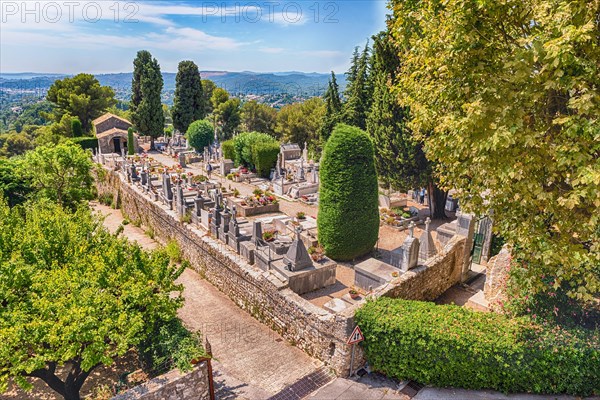 SAINT-PAUL-DE-VENCE, FRANCE - AUGUST 17: The municipal cemetery of Saint-Paul-de-Vence, Cote d'Azur, France, as seen on August 17, 2019. It hosts the