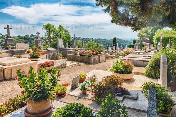 SAINT-PAUL-DE-VENCE, FRANCE - AUGUST 17: The municipal cemetery of Saint-Paul-de-Vence, Cote d'Azur, France, as seen on August 17, 2019. It hosts the