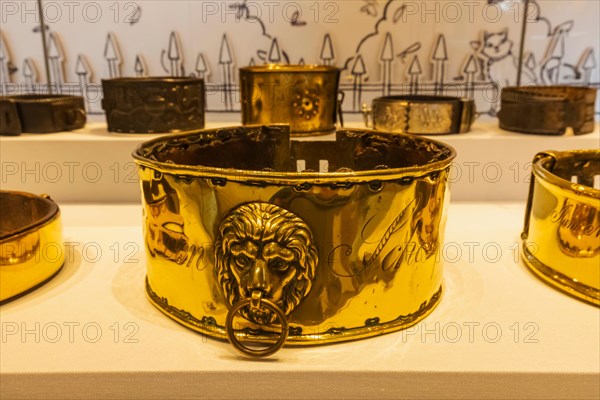 England, Kent, Leeds Castle, The Dog Collar Museum, Exhibit of Mid-18th century Austrian Brass Dog Collar