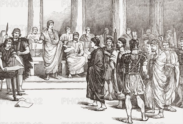 The Catilinarian conspirators before the Senate.  Roman patrician Lucius Sergius Catilina, 108–62 BC, also known as Catiline, is remembered for his failed attempt to overthrow the Republic.  After a 19th century illustration by Ferdinand Max.