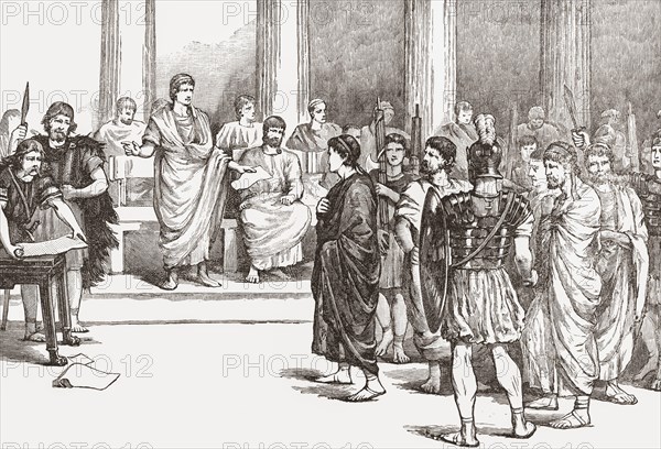 The Catilinarian conspirators before the Senate. Roman patrician Lucius Sergius Catilina, 108–62 BC, also known as Catiline, is remembered for his failed attempt to overthrow the Republic. After a 19th century illustration by Ferdinand Max.