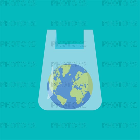 Plastic bag with planet earth inside. Concept of plastic pollution. Vector illustration