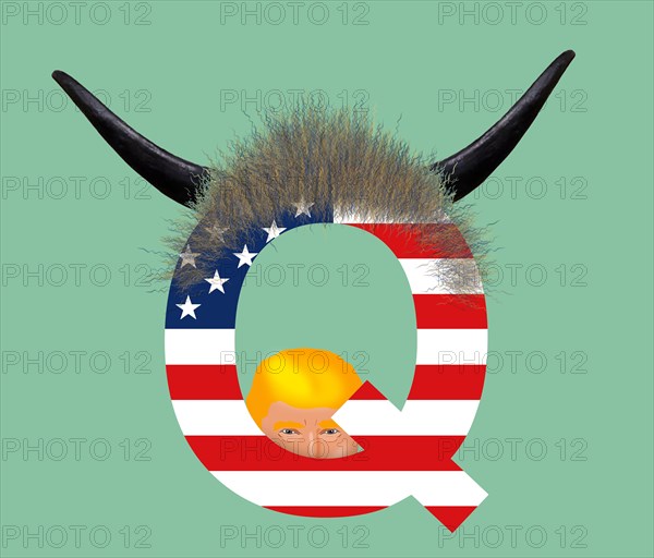 Here is a QAnon logo, a letter Q with USA flag stripes. It is topped with the fur and horns worn by the QAnon shaman. Former President Trump looks thr
