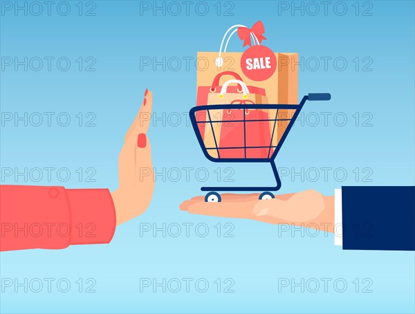 Vector of a woman hand with stop gesture rejecting shopping bags with products on sale