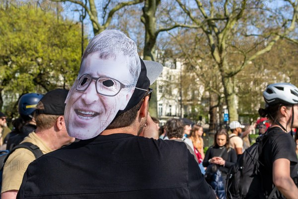 HYDE PARK, LONDON, ENGLAND- 24 April 2021: Protester wearing a Bill Gates mask at a Unite For Freedom anti-lockdown protest in London