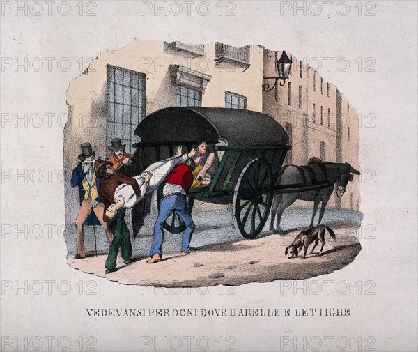 A corpse is lifted from the back of a wagon during the 1832 cholera epidemic. Coloured lithograph, c. 1832.